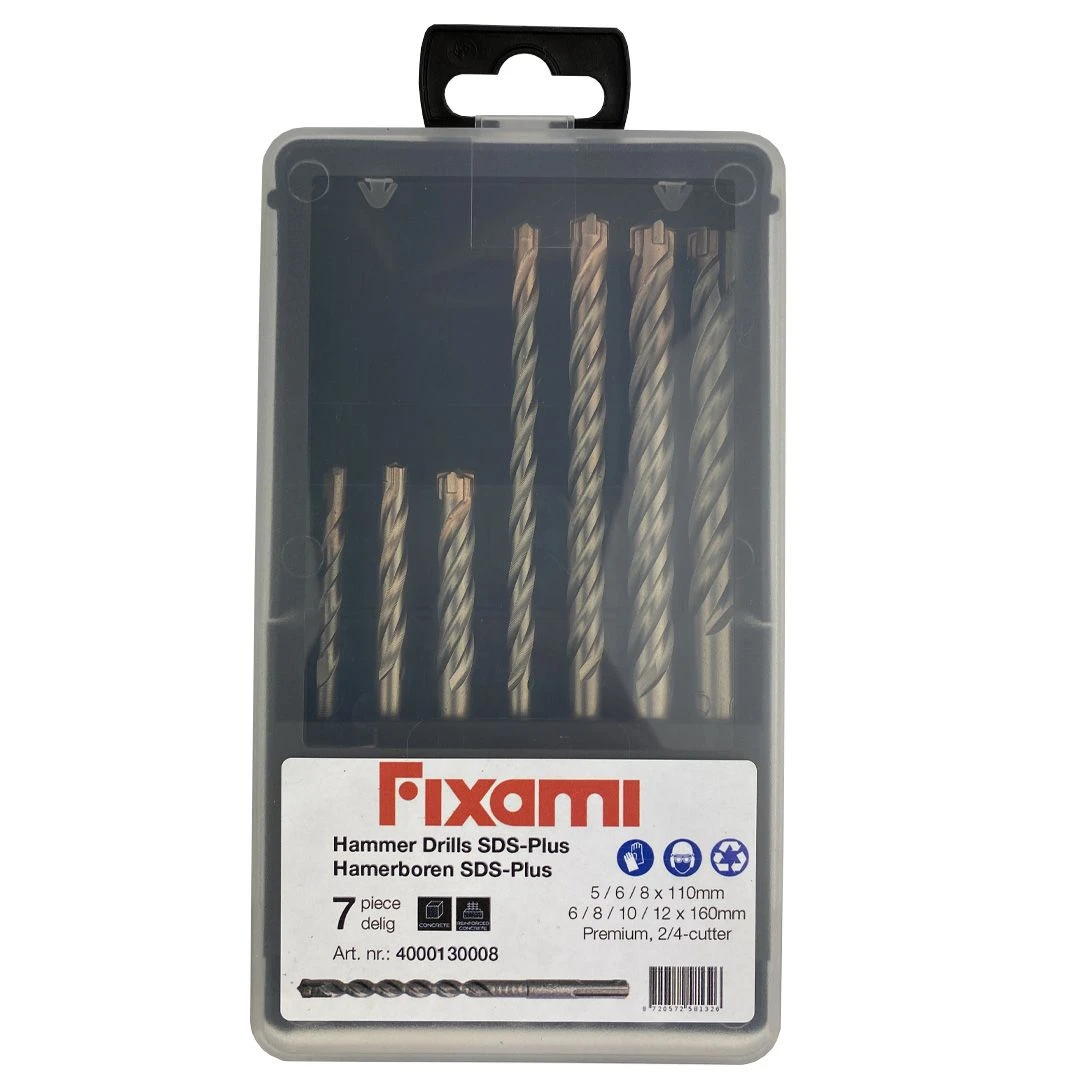 Fit-to-Fix 009-KA070077 7-delige Uni SDS-Plus Premium Hamerborenset - 2/4-snijder - Staal - 5-6-8x110mm + 6-8-10-12x160mm 1 Fit-to-Fix 009-KA070077 7-delige Uni SDS-Plus Premium Hamerborenset - 2/4-snijder - Staal - 5-6-8x110mm + 6-8-10-12x160mm
